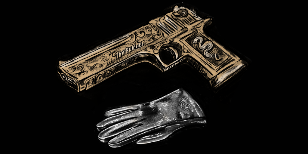 Graphic novel illustration of gold handgun with snake on the grip above black leather glove